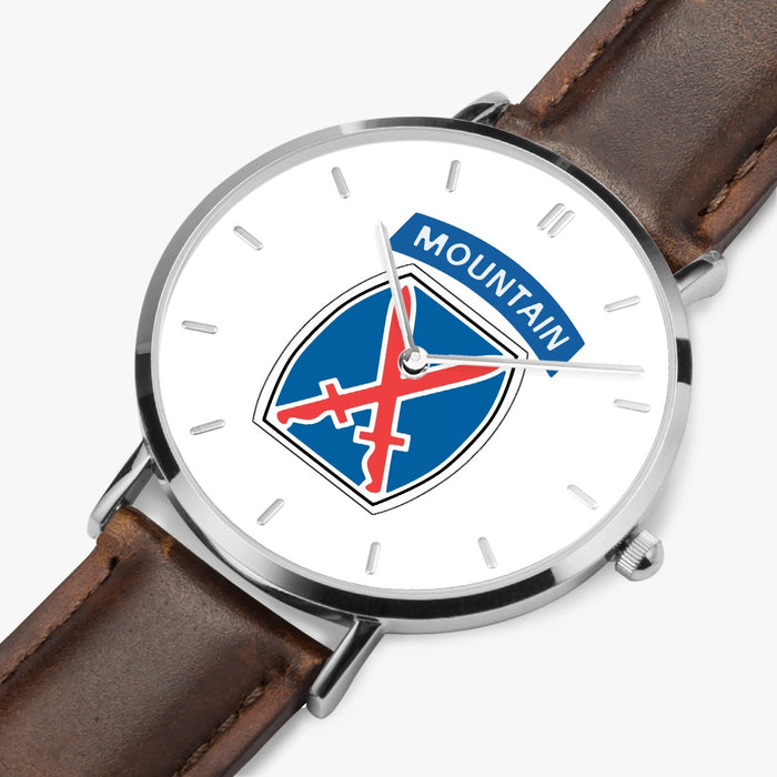10th Mountain Division-Ultra Thin Leather Strap Quartz Watch (Silver With Indicators)