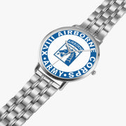 XVIII Airborne Corps Silvertone Watch is displayed in a perspective view on a white background with the silver metal strap stretched out.