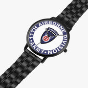 11th Airborne Division Watch is displayed in a perspective view on a white background with the black metal strap stretched out.