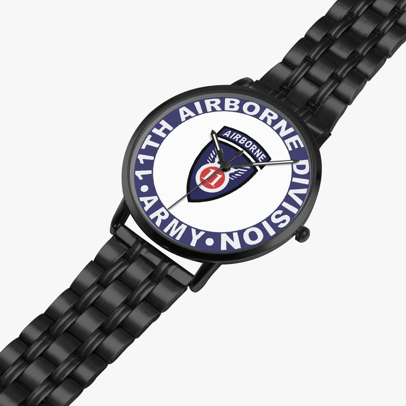 11th Airborne Division Watch is displayed in a perspective view on a white background with the black metal strap stretched out.