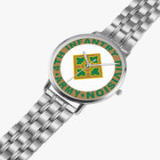 4th Infantry Division Silvertone Watch is displayed in a perspective view on a white background with the silver metal strap stretched out.