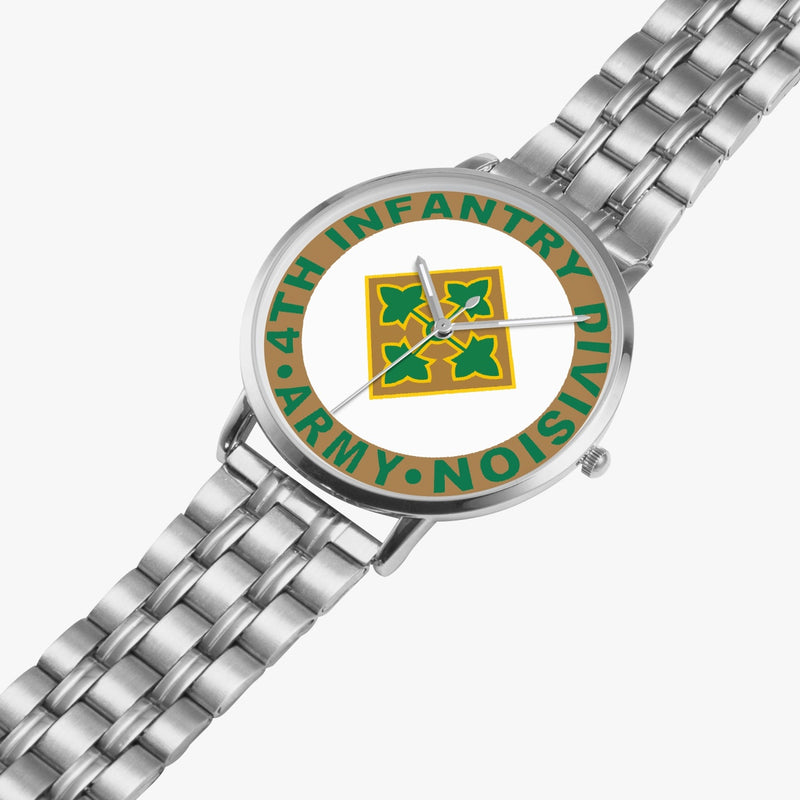 4th Infantry Division Silvertone Watch is displayed in a perspective view on a white background with the silver metal strap stretched out.