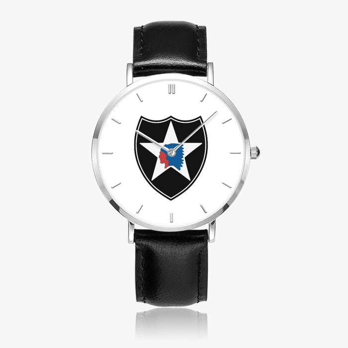 2nd Infantry Division-Ultra Thin Leather Strap Quartz Watch (Silver With Indicators)