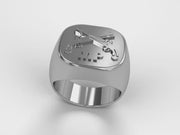 A video illustrating a sleek silver men's military style signet ring with a raised Military Police Badge logo rotating on a 360 degree turn table.