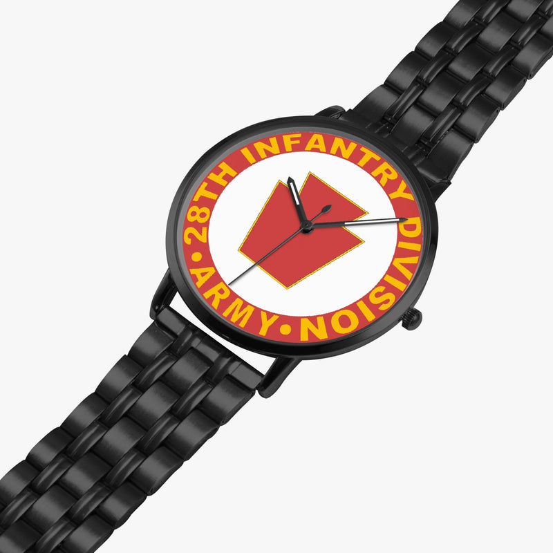 28th Infantry Division Watch is displayed in a perspective view on a white background with the black metal strap stretched out.