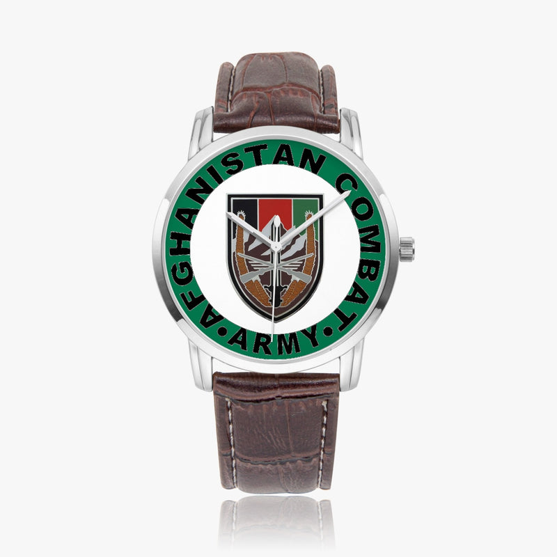 US Forces Afghanistan-Wide Type Silver Watch with a Brown Leather Band
