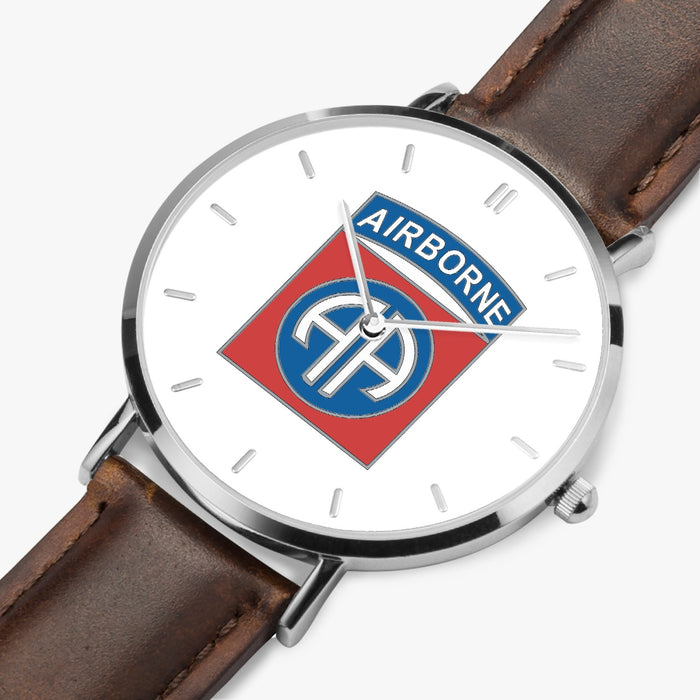 82nd Airborne Division-Ultra Thin Leather Strap Quartz Watch (Silver With Indicators)