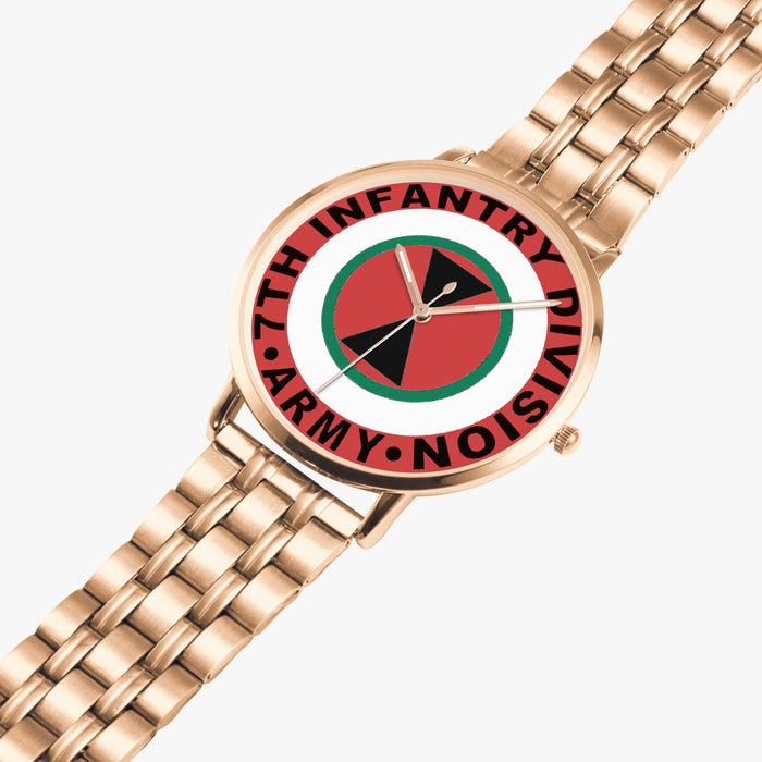 7th Infantry Division Goldtone Watch is displayed in a perspective view on a white background with the gold metal strap stretched out.