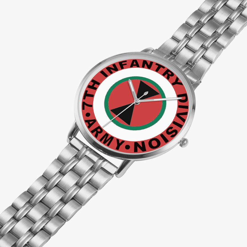 7th Infantry Division Silvertone Watch is displayed in a perspective view on a white background with the silver metal strap stretched out.