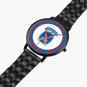 10th Mountain Division Watch is displayed in a perspective view on a white background with the black metal strap stretched out.