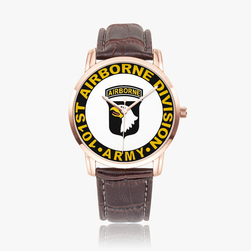 101st Airborne Division-Wide Type Golden Watch with a Brown Leather Band