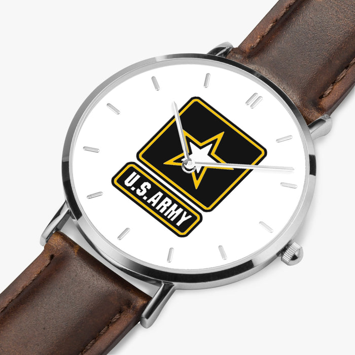 US Army-Ultra Thin Leather Strap Quartz Watch (Silver With Indicators)