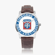 82nd Airborne Division-Wide Type Silver Watch with a Brown Leather Band