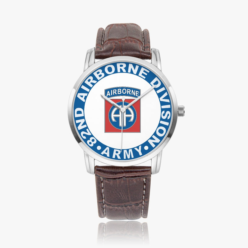82nd Airborne Division-Wide Type Silver Watch with a Brown Leather Band