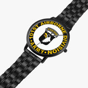 The 101st Airborne Division Watch is displayed in a perspective view on a white background with the black metal strap stretched out.