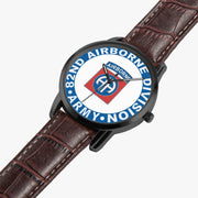 82nd Airborne Division-Wide Type Black Watch is displayed in a perspective view on a white background with the brown leather band