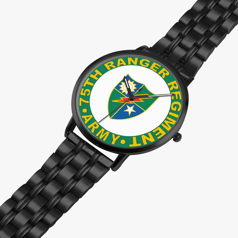 75th Ranger Regiment Watch is displayed in a perspective view on a white background with the black metal strap stretched out.