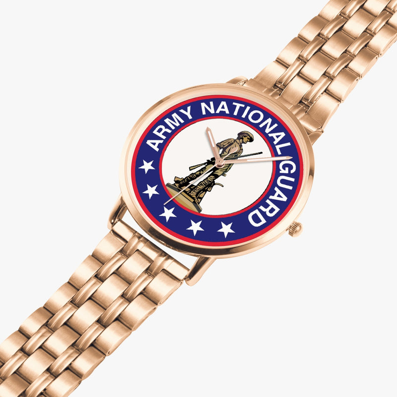 US Army National Guard Goldtone Watch is displayed in a perspective view on a white background with the gold metal strap stretched out.