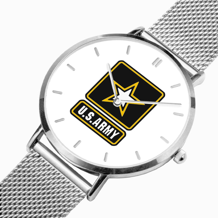 US Army-Ultra Thin Leather Strap Quartz Watch (Silver With Indicators)