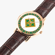 4th Infantry Division-Wide Type Golden Watch is displayed in a perspective view on a white background with the brown leather band