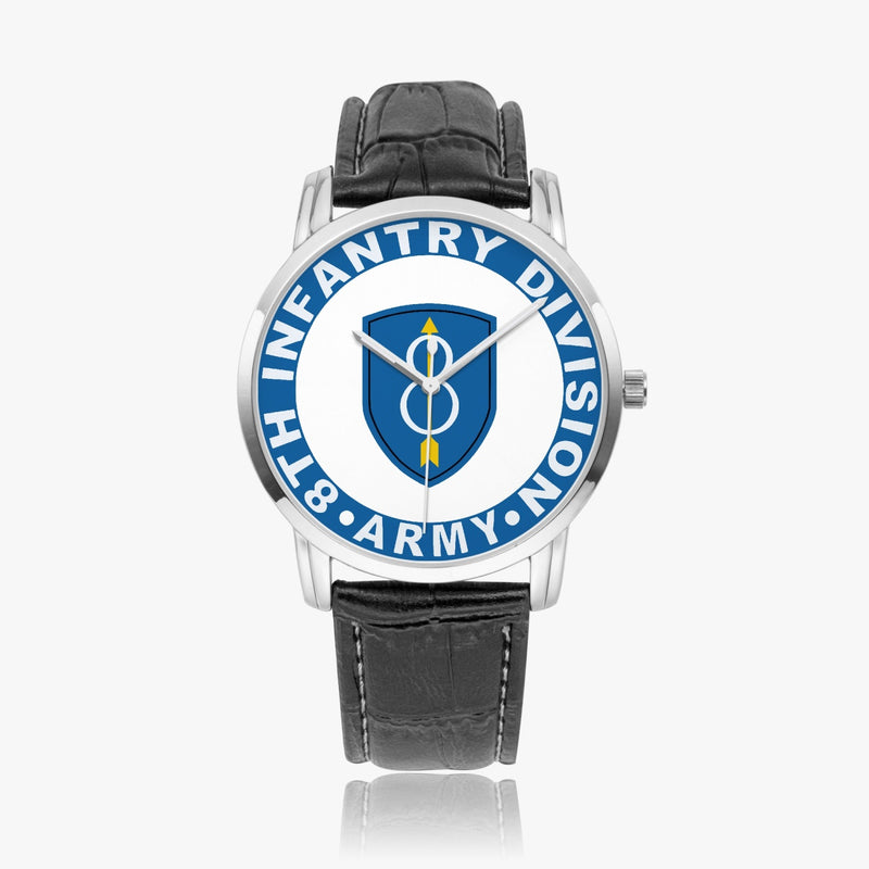 8th Infantry Division-Wide Type Silver Watch with a Brown Leather Band