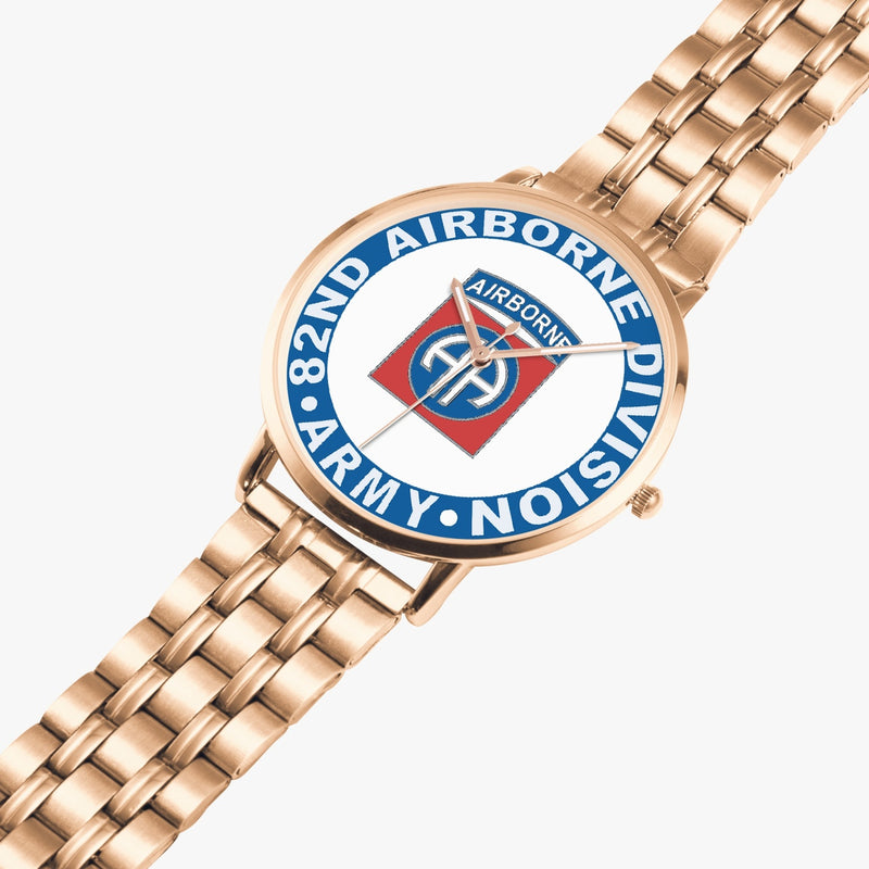 82nd Airborne Division Goldtone Watch is displayed in a perspective view on a white background with the gold metal strap stretched out.