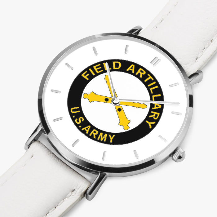 Field Artillery-Ultra Thin Leather Strap Quartz Watch (Silver With Indicators)