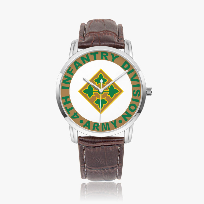 4th Infantry Division-Wide Type Silver Watch with a Brown Leather Band