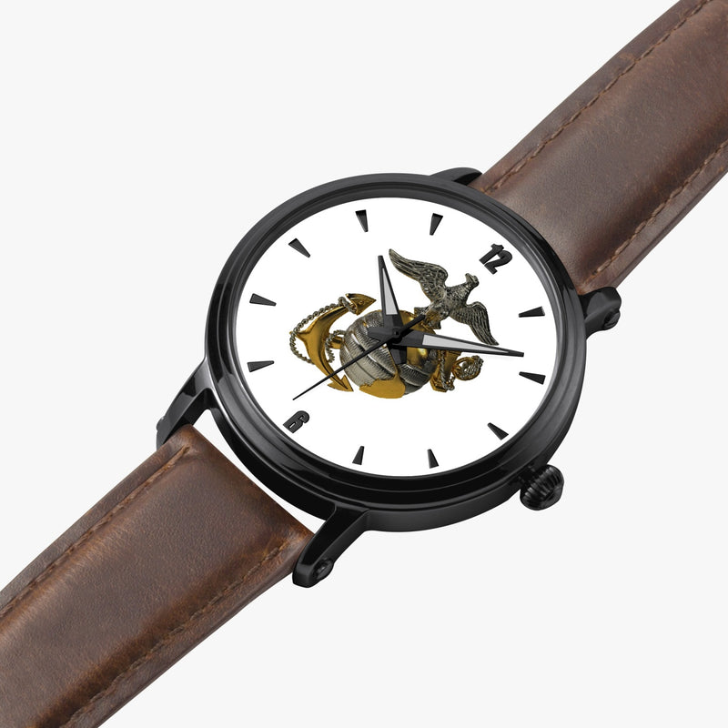 United States Marine Corps-46mm Automatic Watch is displayed in a perspective view on a white background with a brown leather band