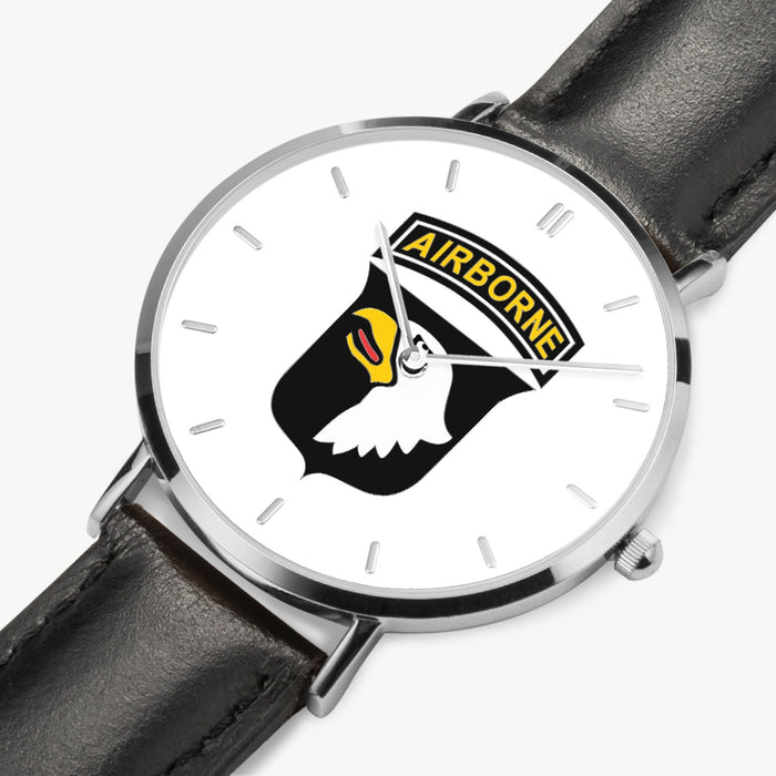 101st Airborne Division-Ultra Thin Leather Strap Quartz Watch (Silver With Indicators)
