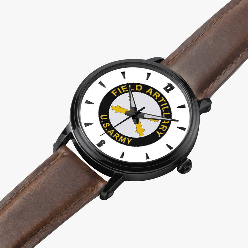 Field Artillery-46mm Automatic Watch is displayed in a perspective view on a white background with a brown leather band