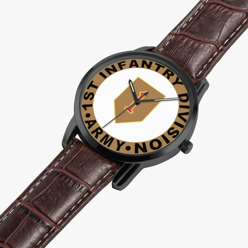 1st Infantry Division-Wide Type Black Watch is displayed in a perspective view on a white background with the brown leather band