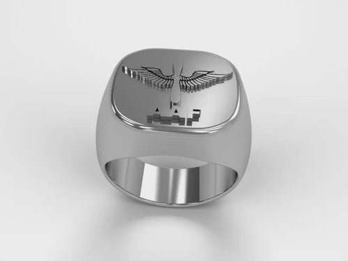 A video illustrating a sleek silver men's military style signet ring with a raised Army Air Force Badge logo rotating on a 360 degree turn table.