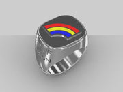 A video illustrating a sleek silver men's military style signet ring with a raised 42nd Infantry Badge logo rotating on a 360 degree turn table.