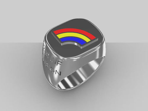 A video illustrating a sleek silver men's military style signet ring with a raised 42nd Infantry Badge logo rotating on a 360 degree turn table.