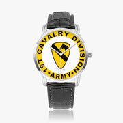 1st Cavalry Division-Wide Type Silver Watch with a Black Leather Band