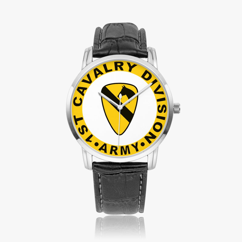 1st Cavalry Division-Wide Type Silver Watch with a Black Leather Band
