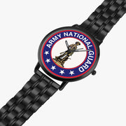 US Army National Guard Watch is displayed in a perspective view on a white background with the black metal strap stretched out.