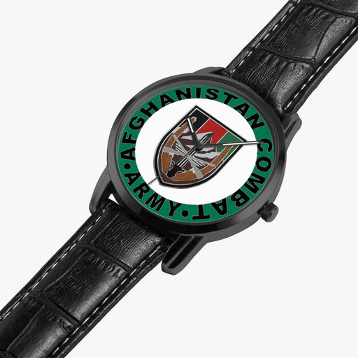 US Forces Afghanistan-Wide Type Black Watch is displayed in a perspective view on a white background with the black leather band.
