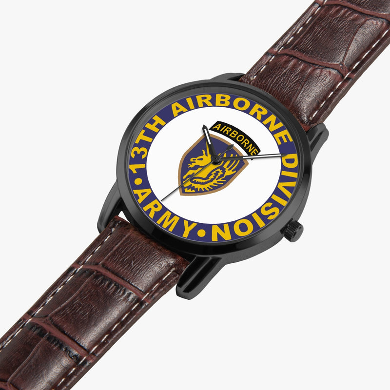 13th Airborne Division-Wide Type Black Watch is displayed in a perspective view on a white background with the brown leather band.