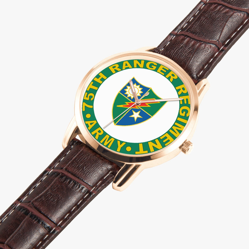 75th Ranger Regiment-Wide Type Golden Watch is displayed in a perspective view on a white background with the brown leather band