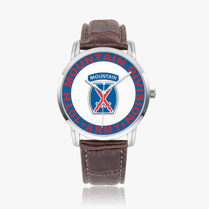 10th Mountain Division-Wide Type Silver Watch with a Brown Leather Band