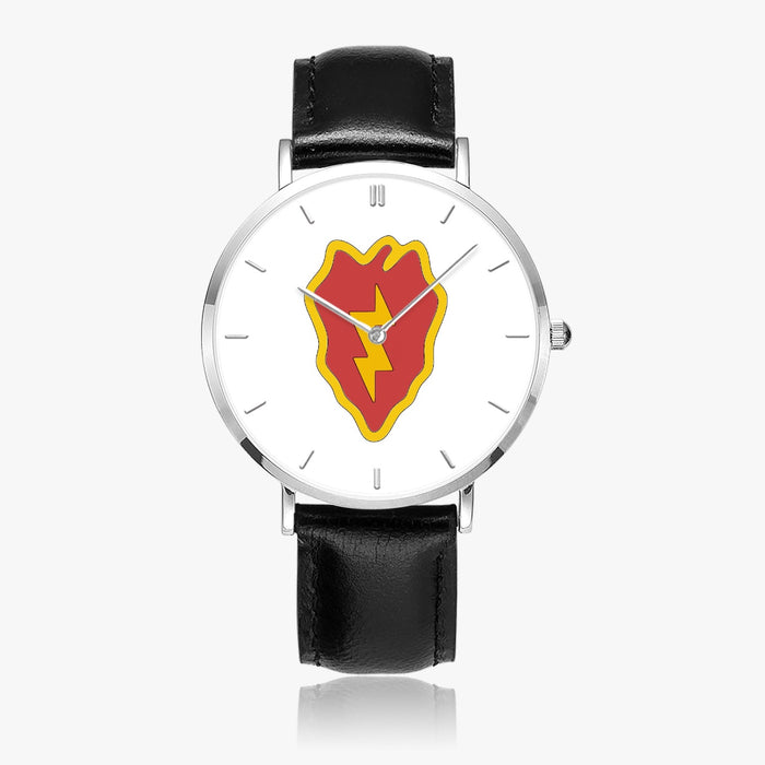 25th Infantry Division-Ultra Thin Leather Strap Quartz Watch (Silver With Indicators)
