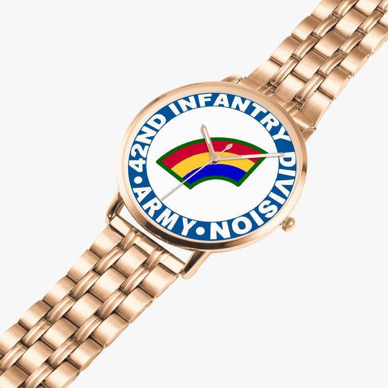 42nd Infantry Division Goldtone Watch is displayed in a perspective view on a white background with the gold metal strap stretched out.