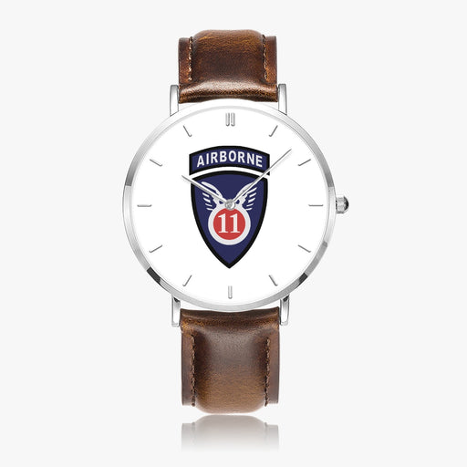 11th Airborne Division-Ultra Thin Leather Strap Quartz Watch (Silver With Indicators)