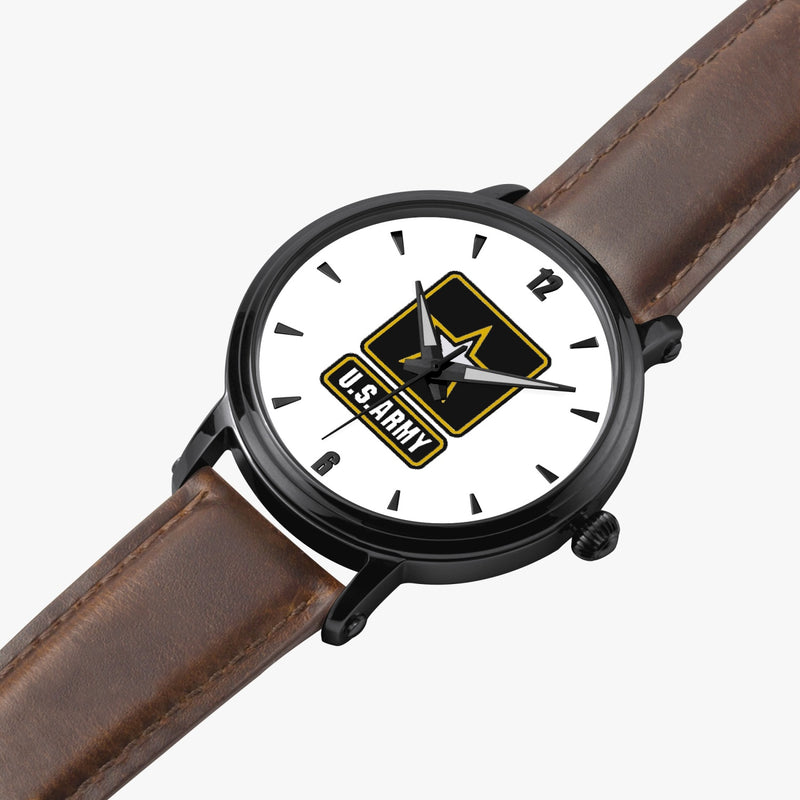 US Army-46mm Automatic Watch is displayed in a perspective view on a white background with a brown leather band