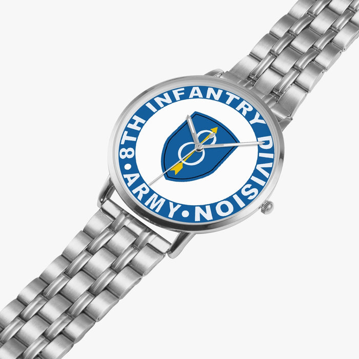 8th Infantry Division Silvertone Watch is displayed in a perspective view on a white background with the silver metal strap stretched out.