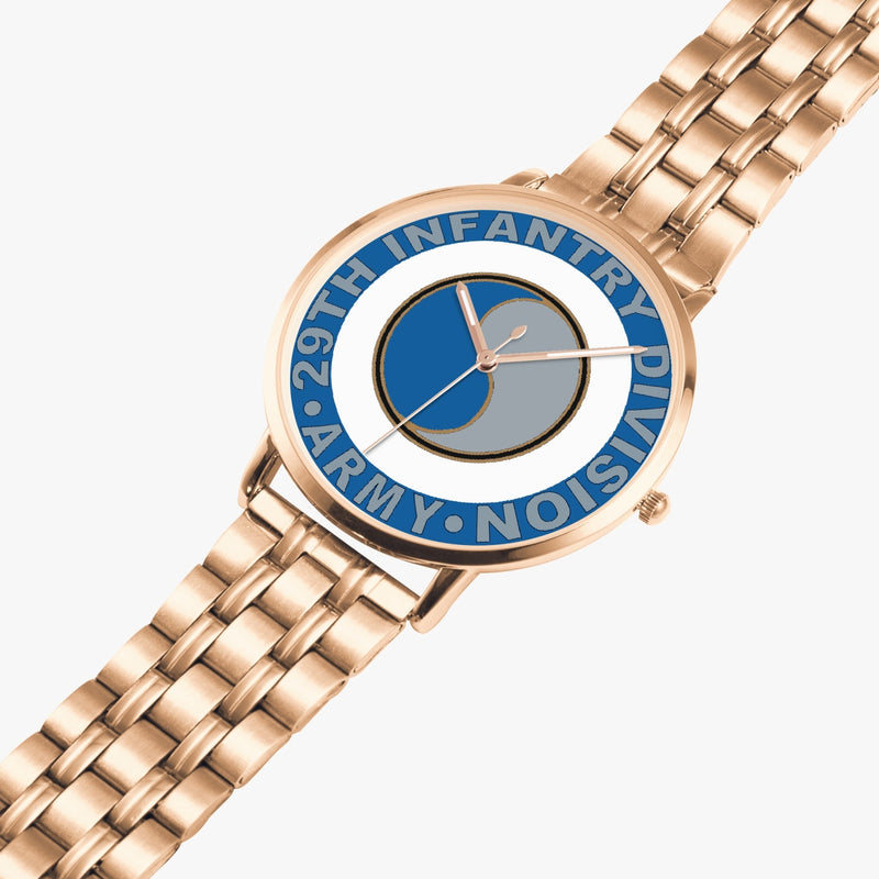 29th Infantry Division Goldtone Watch is displayed in a perspective view on a white background with the gold metal strap stretched out.