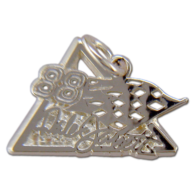 The #88 NASCAR Driver Sterling Silver Flag Pendant features a checkered flag, number 88, and stylized signature within a triangular frame—a must-have accessory from Montana Silversmiths.
