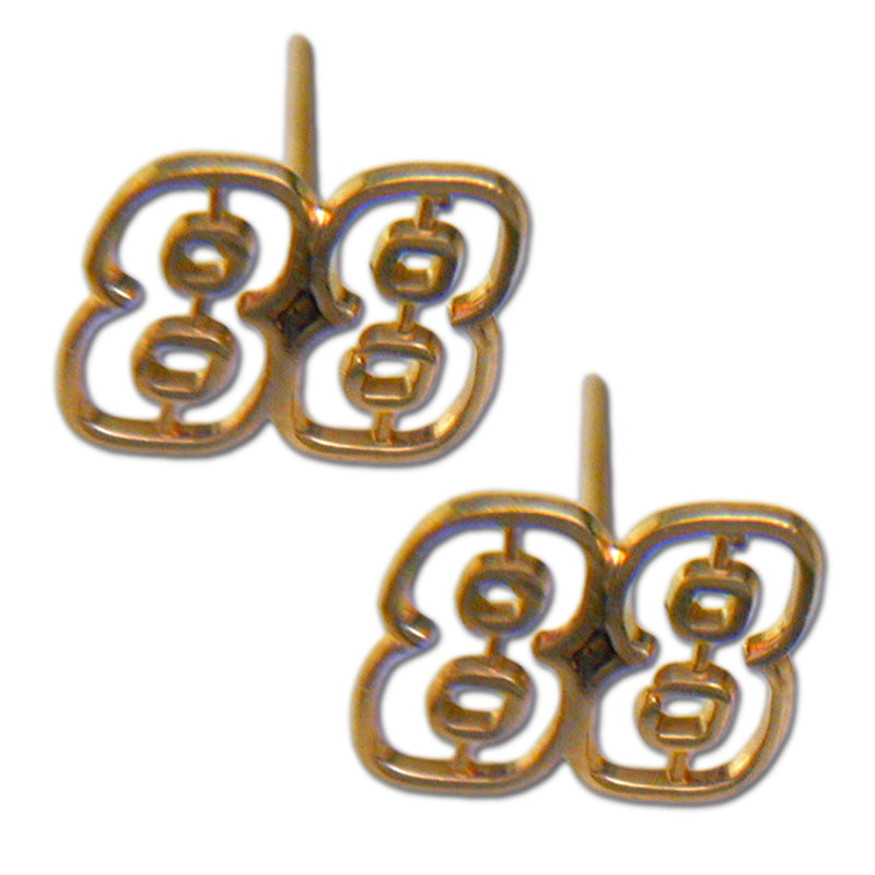 A pair of #88 NASCAR Driver Post 14 kt gold Open Post Earrings, featuring an abstract geometric design with interlocking shapes on a white background.